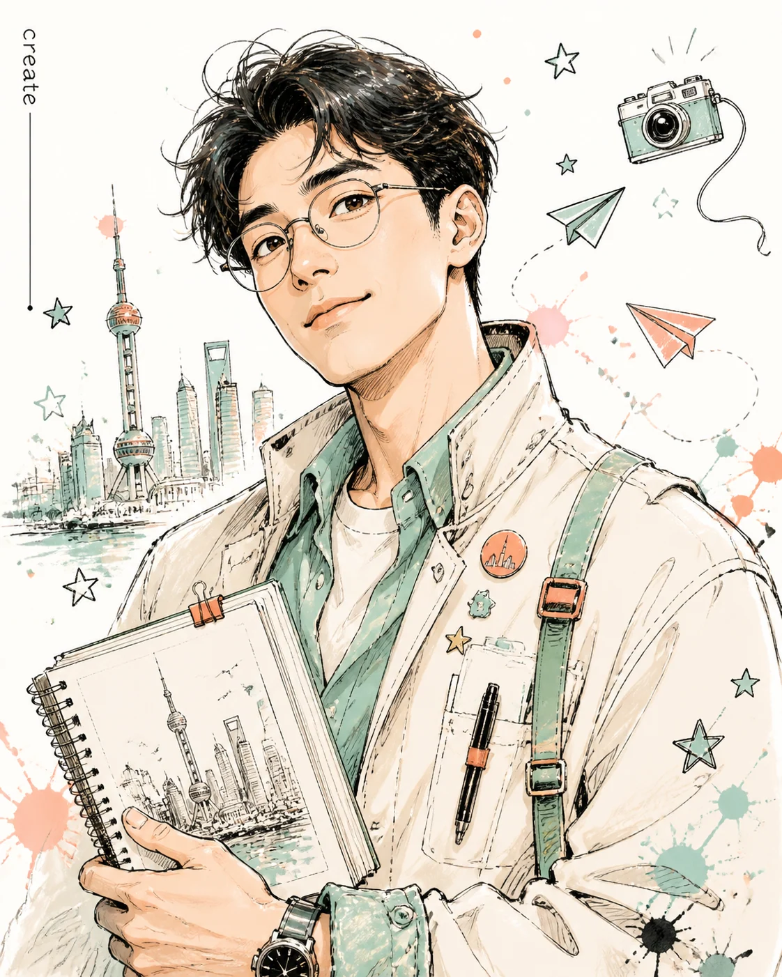 Korean doodle creator avatar with expressive face and pastel ink shading