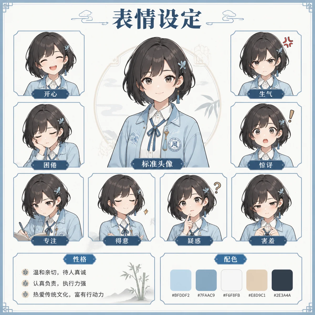 Character facial expression grid with multiple emotions and clean labels