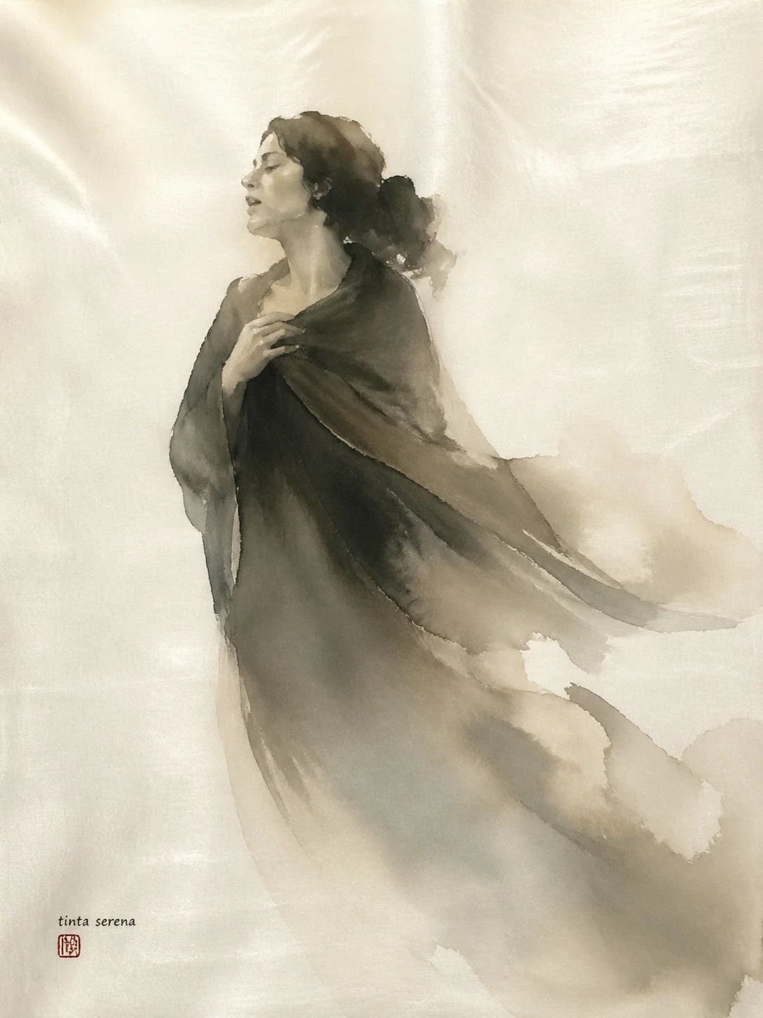 Portuguese fado shawl figure in wet ink on silk