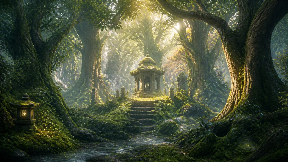 带小型地标的幻想森林圣林背景
