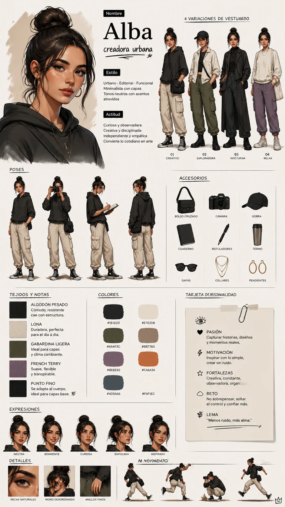 Fashion character lineup with outfit variations, accessories, and personality notes