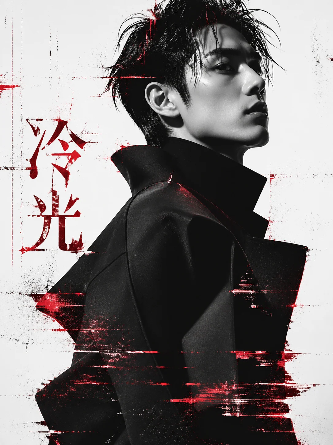 Fashion editorial glitch portrait in monochrome and crimson