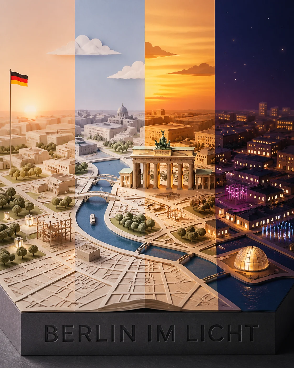 Festival city map diorama with paper lanterns and time-slice light