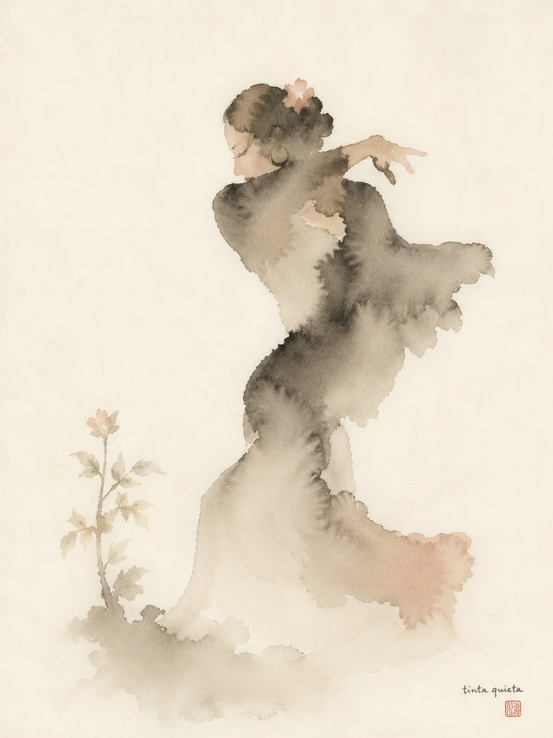 Spanish flamenco figure painted with continuous wet ink