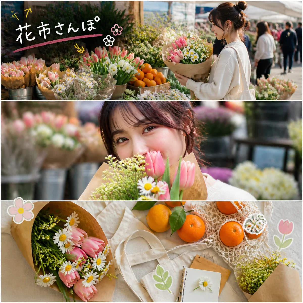 Flower market lifestyle collage with colorful blooms