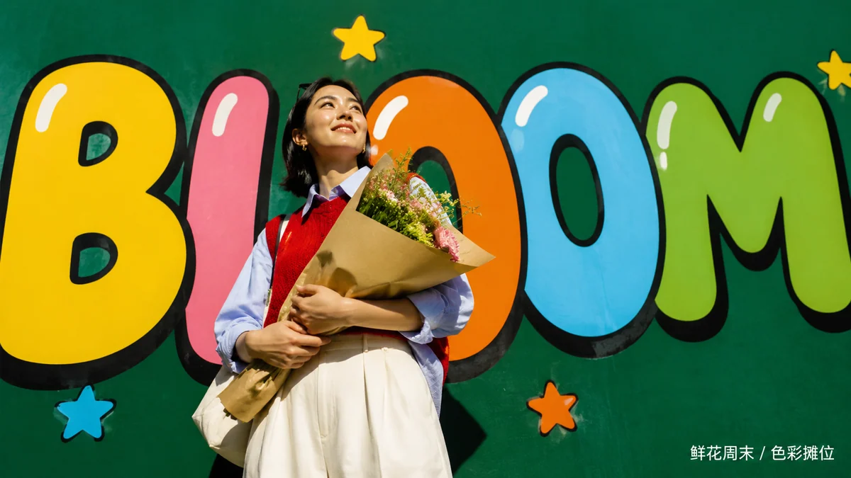Simplified Chinese flower market portrait inside colorful bubble letters