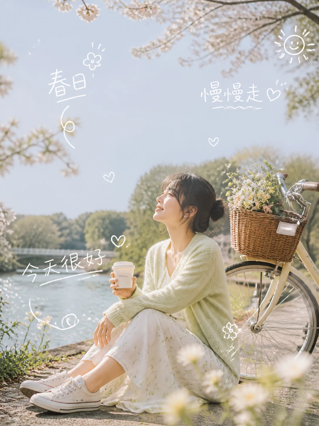 Adult woman sitting on a vintage turquoise van with diary doodles in a flower field