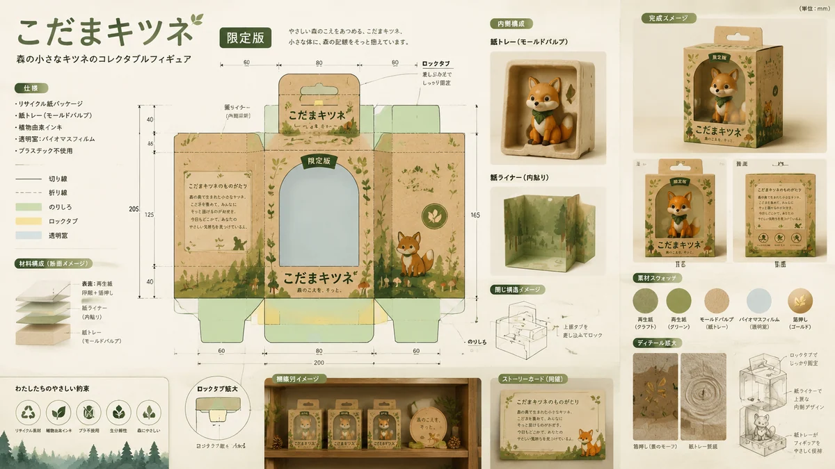 Beispiel fuer Sammelfiguren-Verpackung: こだまキツネ玩具パッケージの設計ボード