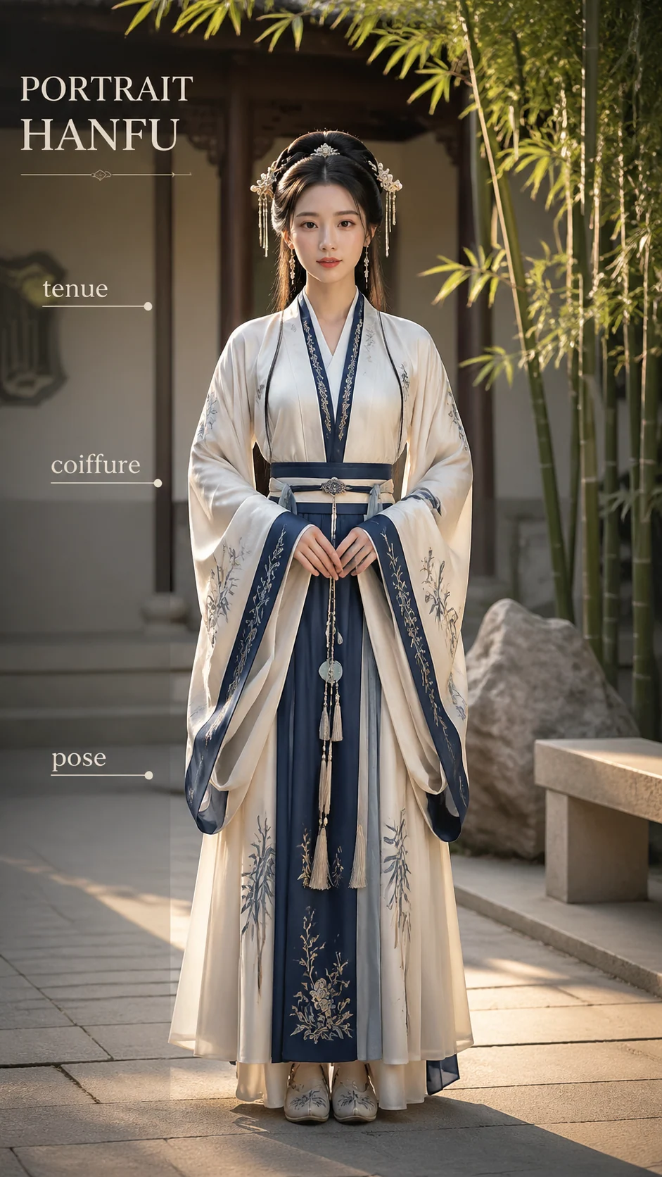 Portrait Hanfu en pied dans une cour cinématographique