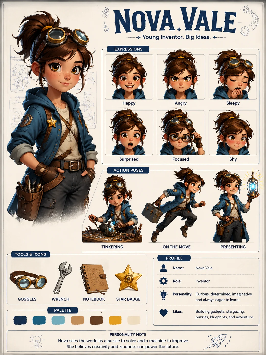 Full character profile poster with portrait, expressions, poses, icons, palette, and profile notes