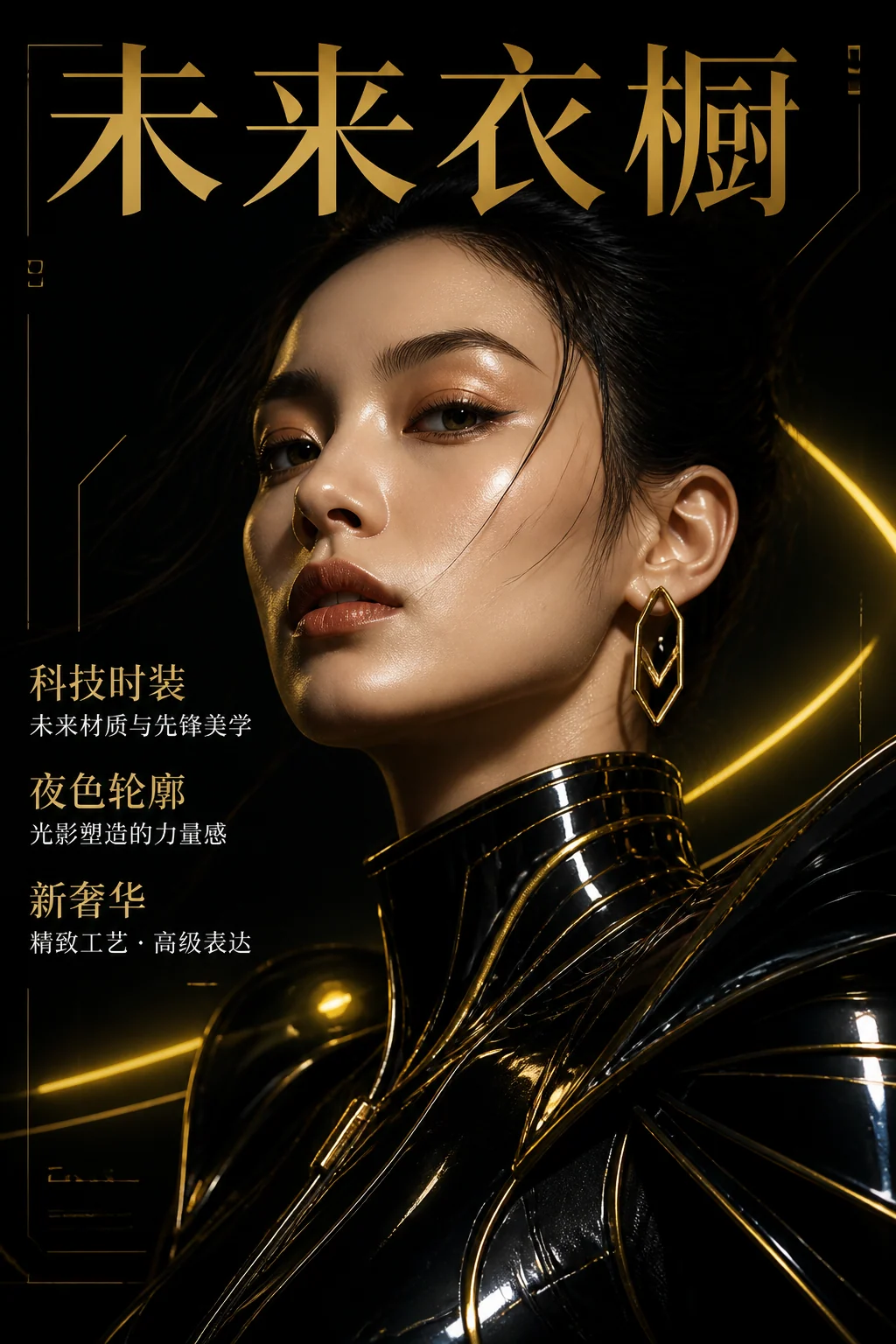 Futuristic black and gold editorial magazine cover 示例图