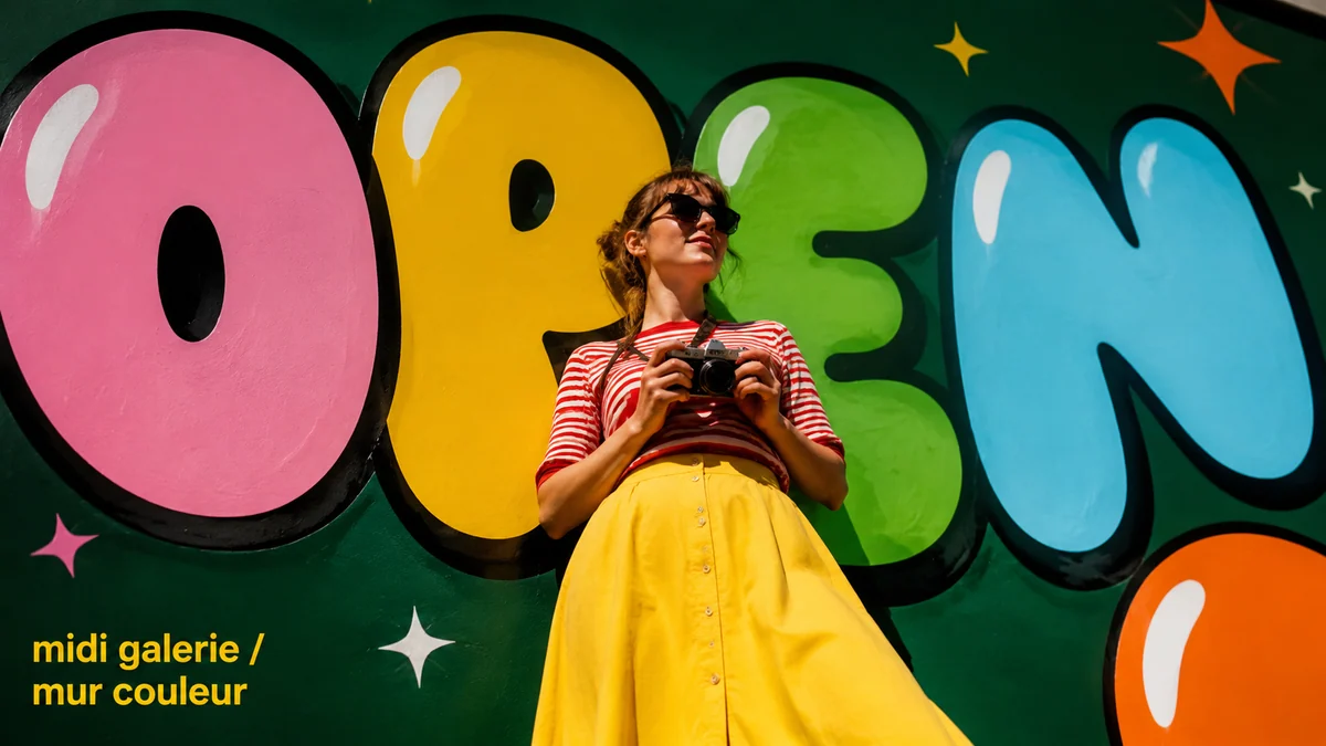 French gallery color-wall portrait with oversized Pop letters