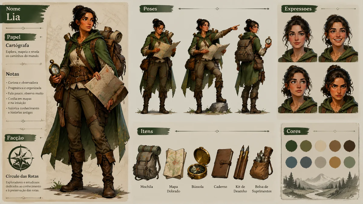 Game NPC reference sheet with portrait, equipment icons, gestures, palette, and role notes