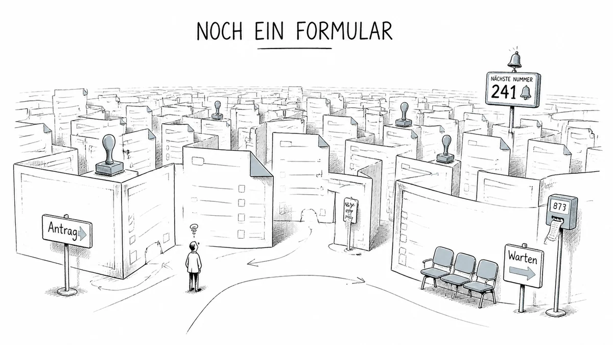 Deutsche satirische Linienillustration eines Papierlabyrinths