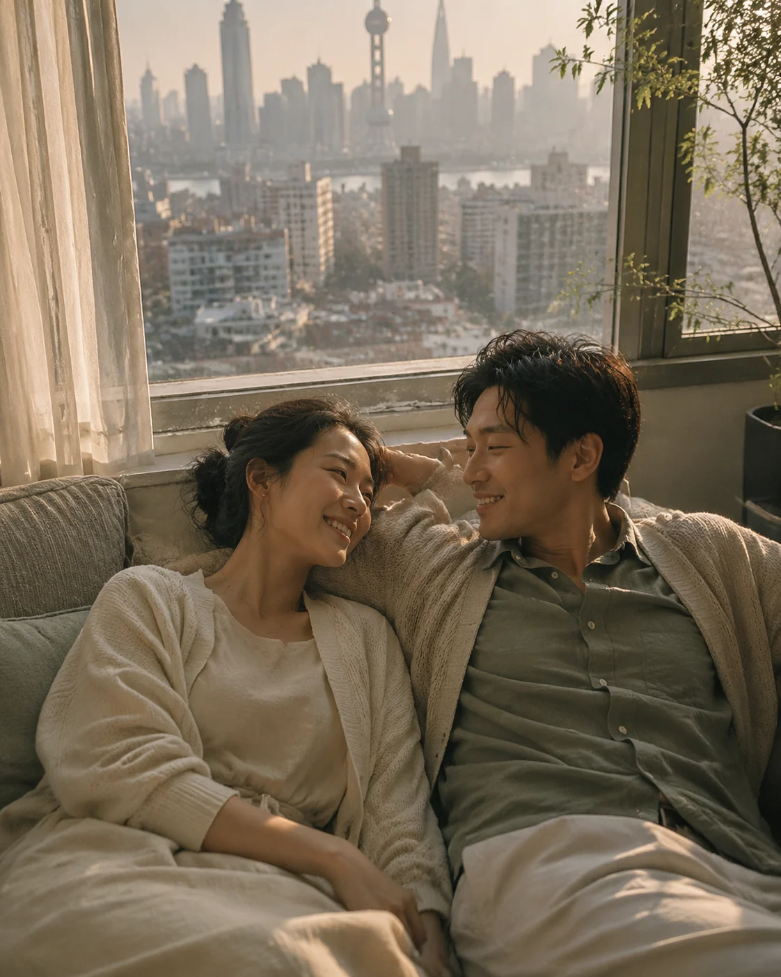 Top-down golden hour couple portrait on textured fabric