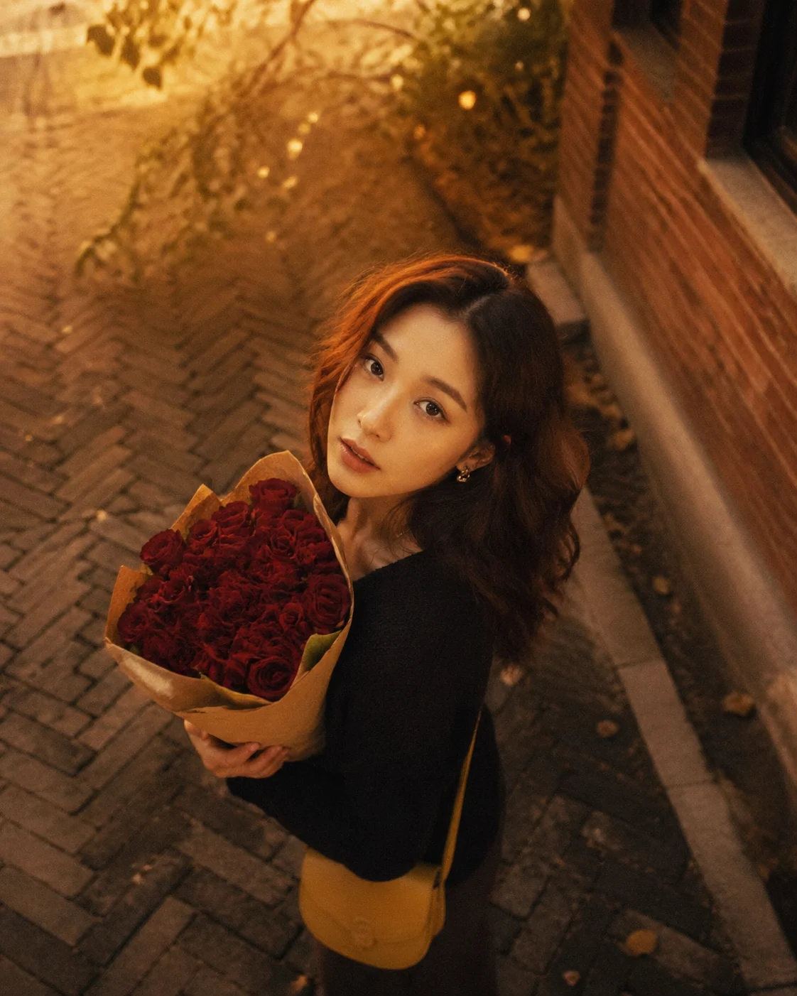 Top-down golden hour rose portrait with vintage film grain
