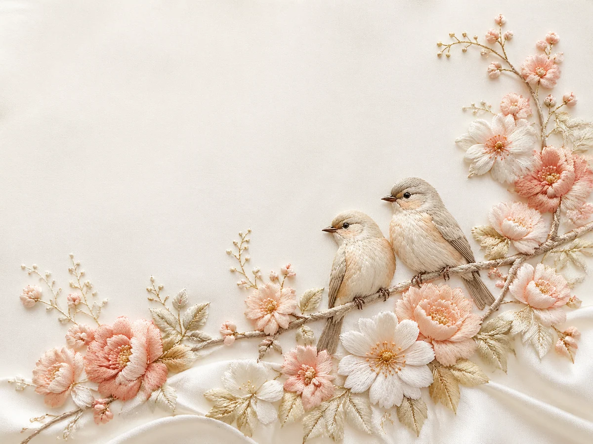 Embroidered blossoms and birds for a greeting card