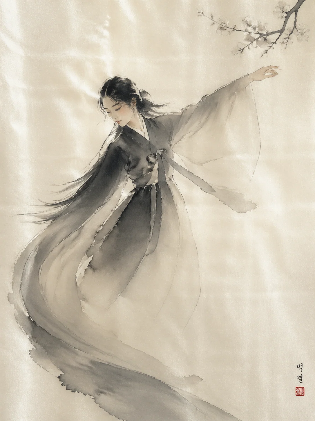 Korean hanbok figure in boneless wet ink style