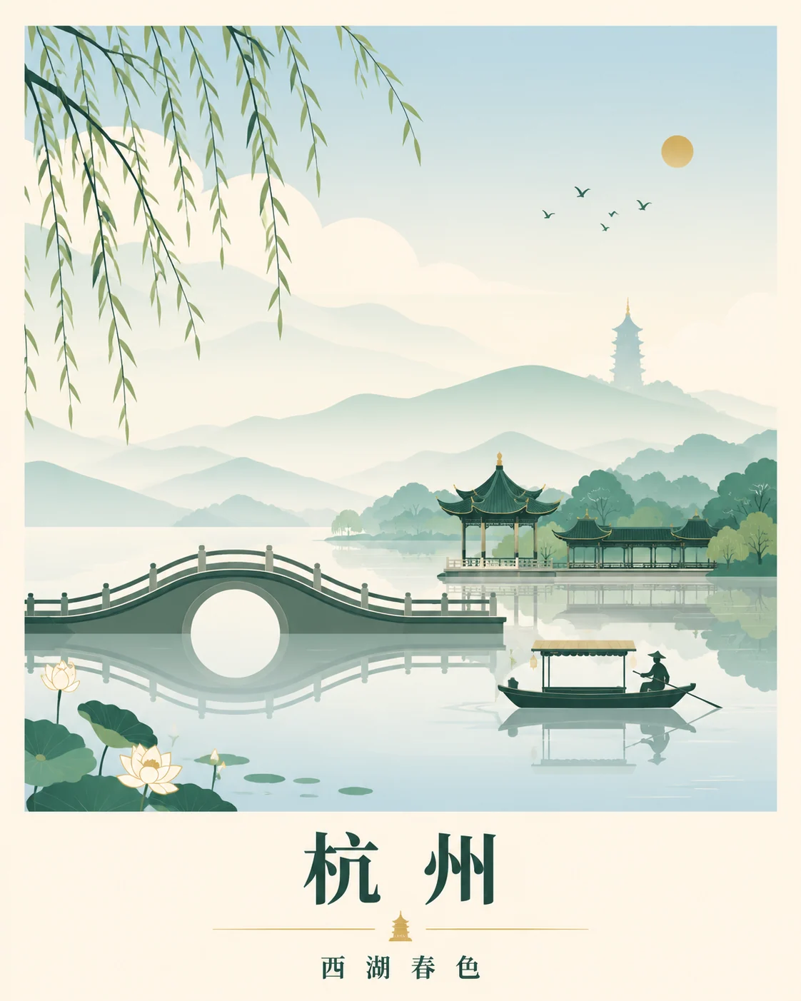 Flaches Vektor-Reiseposter des Westsees in Hangzhou als Beispiel