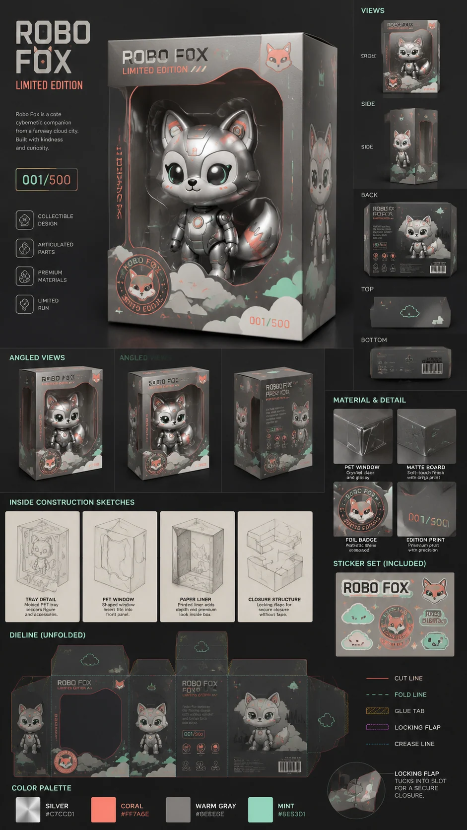 Beispiel fuer Sammelfiguren-Verpackung: Original robot fox collectible toy packaging board with retail box and dieline