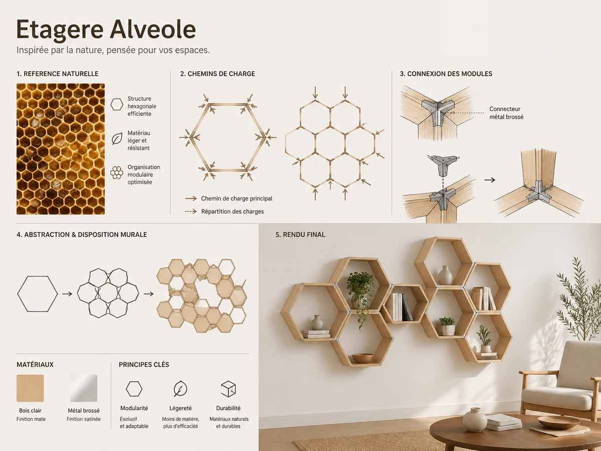 Planche conceptuelle d'etagere modulaire inspiree des alveoles