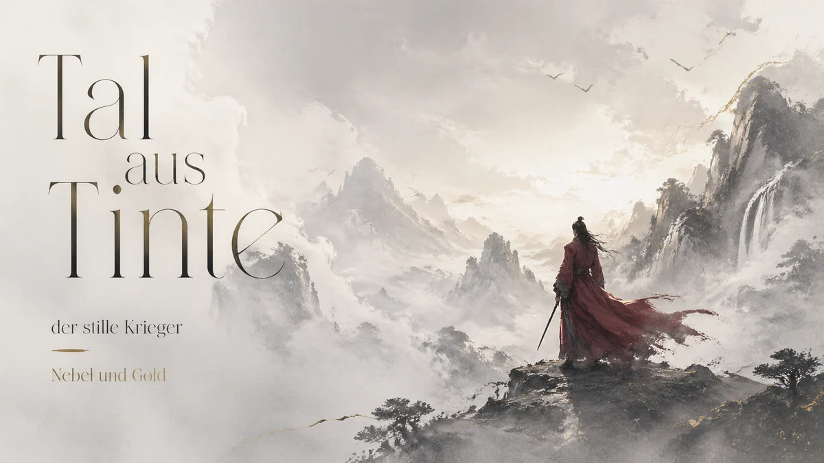 Deutsche Wuxia-Magazincover-Vorlage mit Krieger im Nebeltal