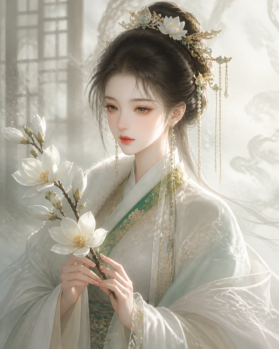 玉色宫廷古风美人半身像示例