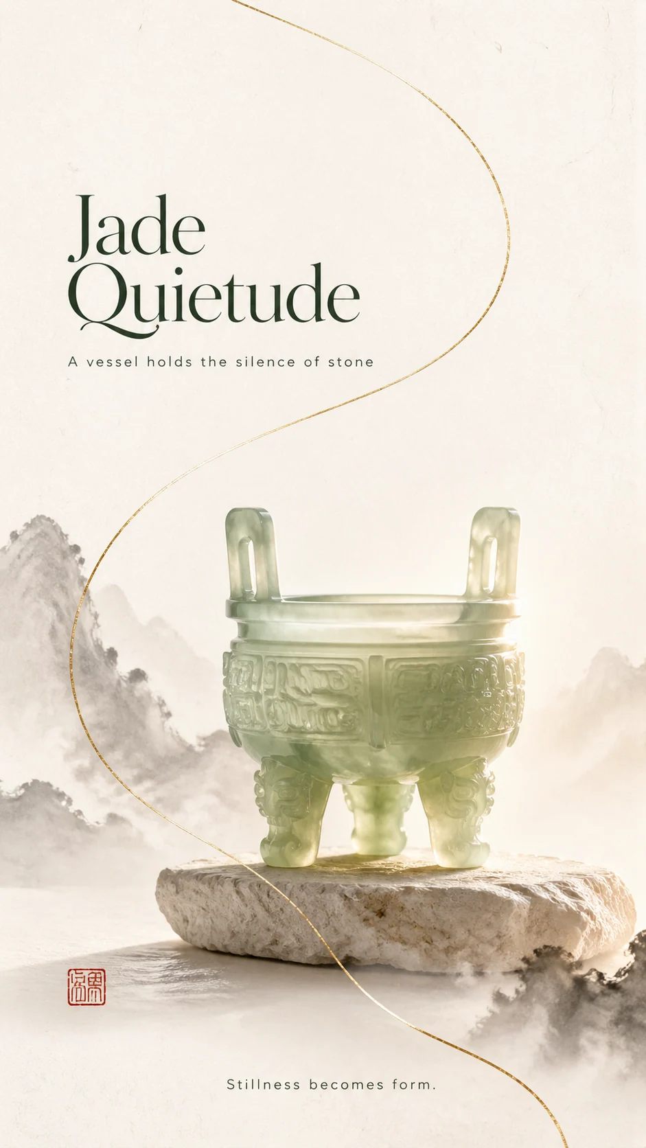 English neo-Chinese jade vessel editorial poster sample