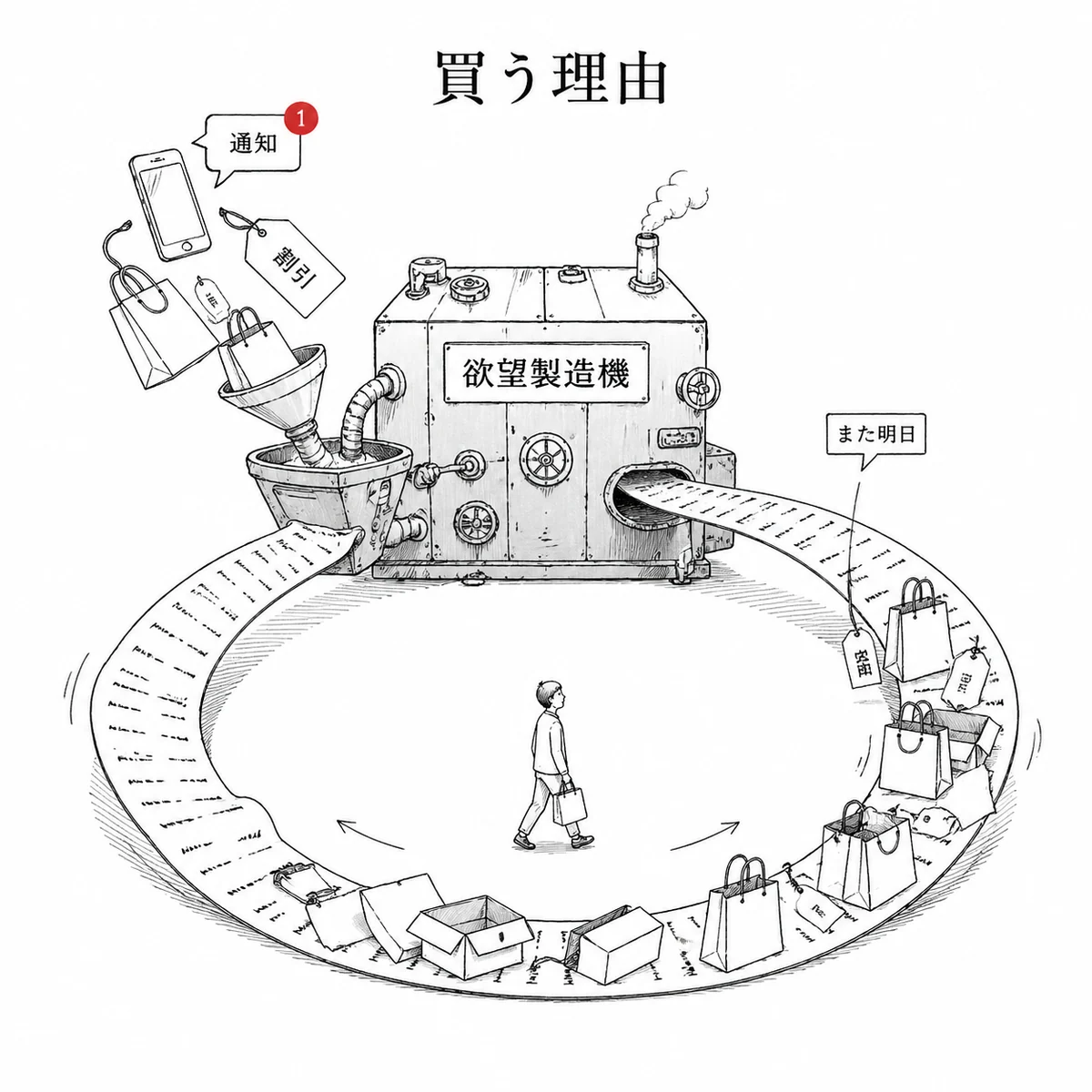 日本語の消費ループ風刺線画サンプル