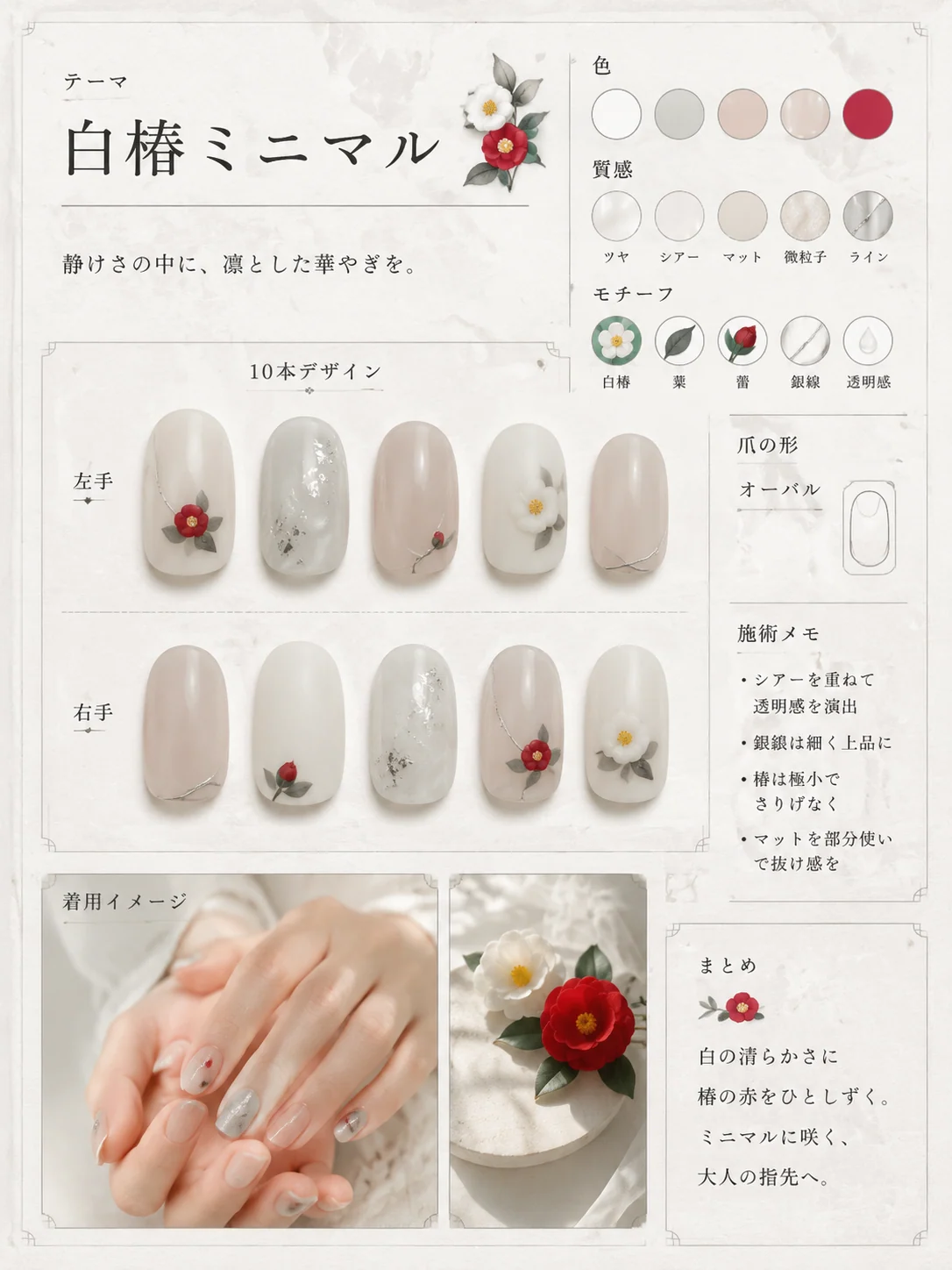 Japanese minimalist nail design board with clean labels and on-hand preview