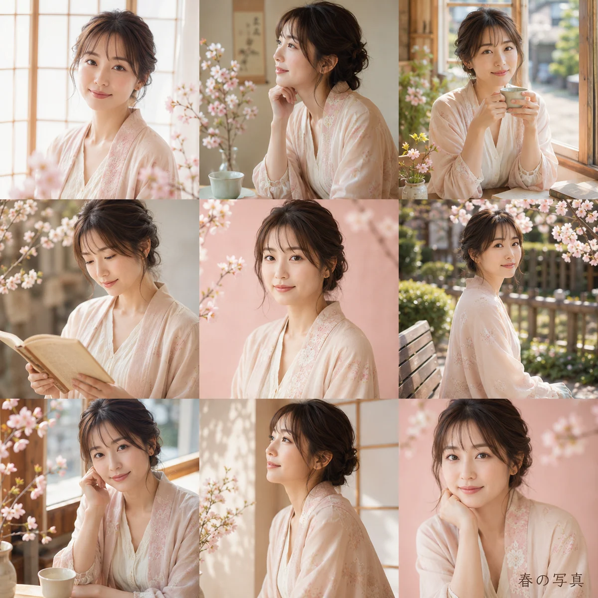 cuadrícula japonesa de retratos de primavera