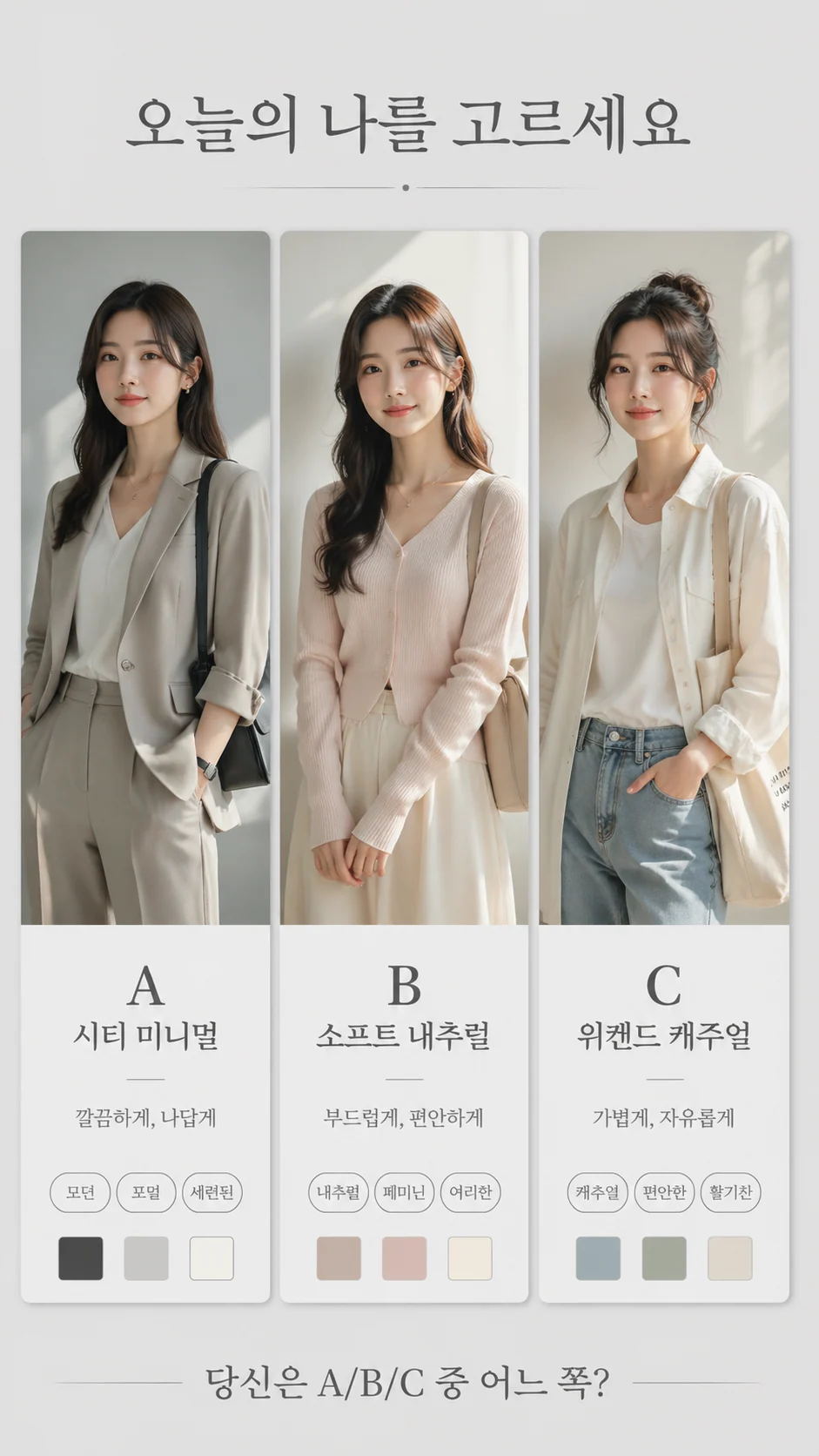 한국어 세 가지 스타일 선택 포스터 예시