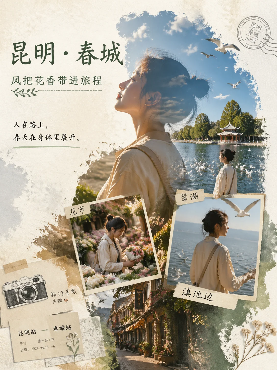 昆明春城旅行剪影照片拼贴海报示例