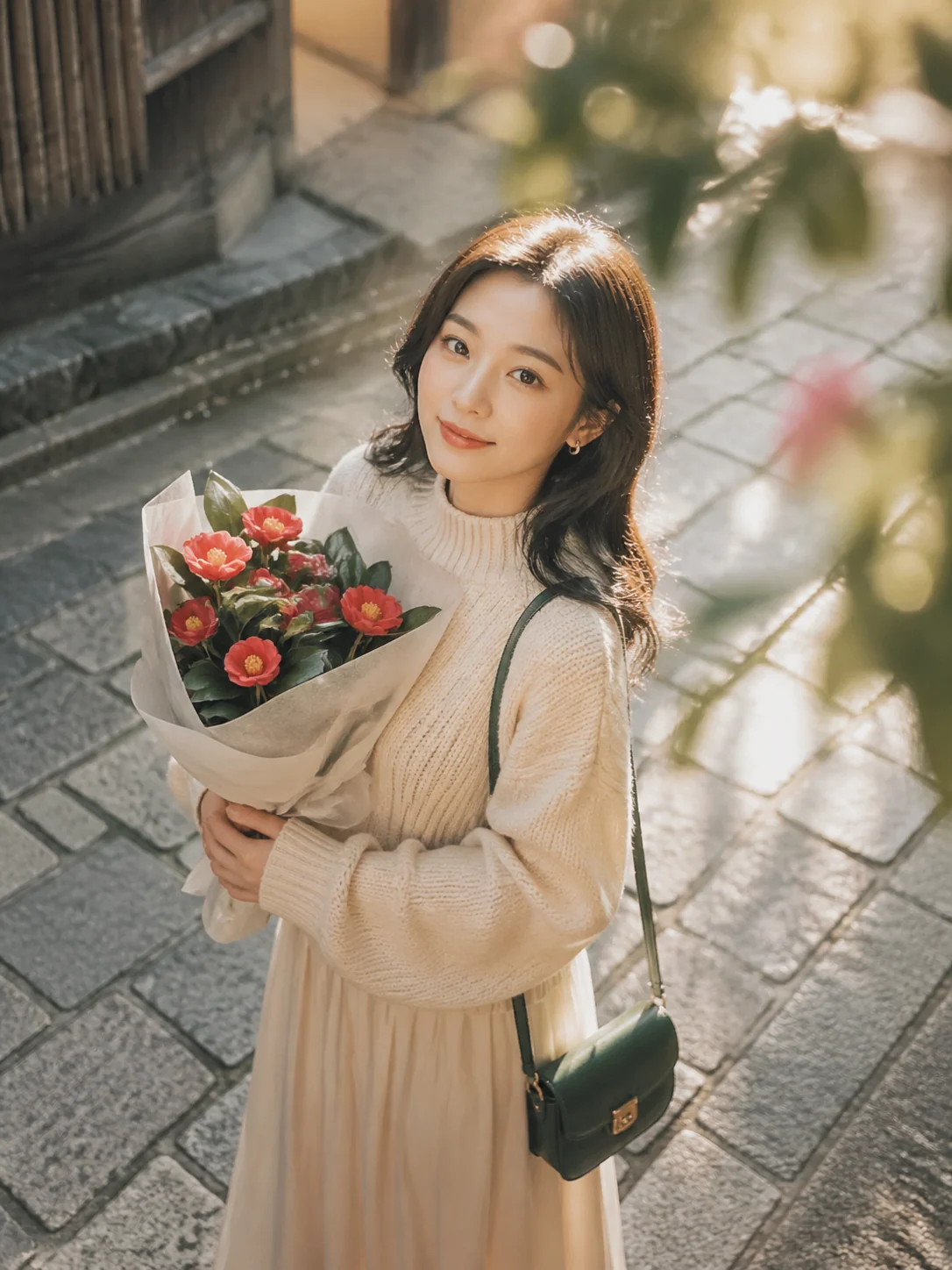 Kyoto camellia portrait with shallow depth of field