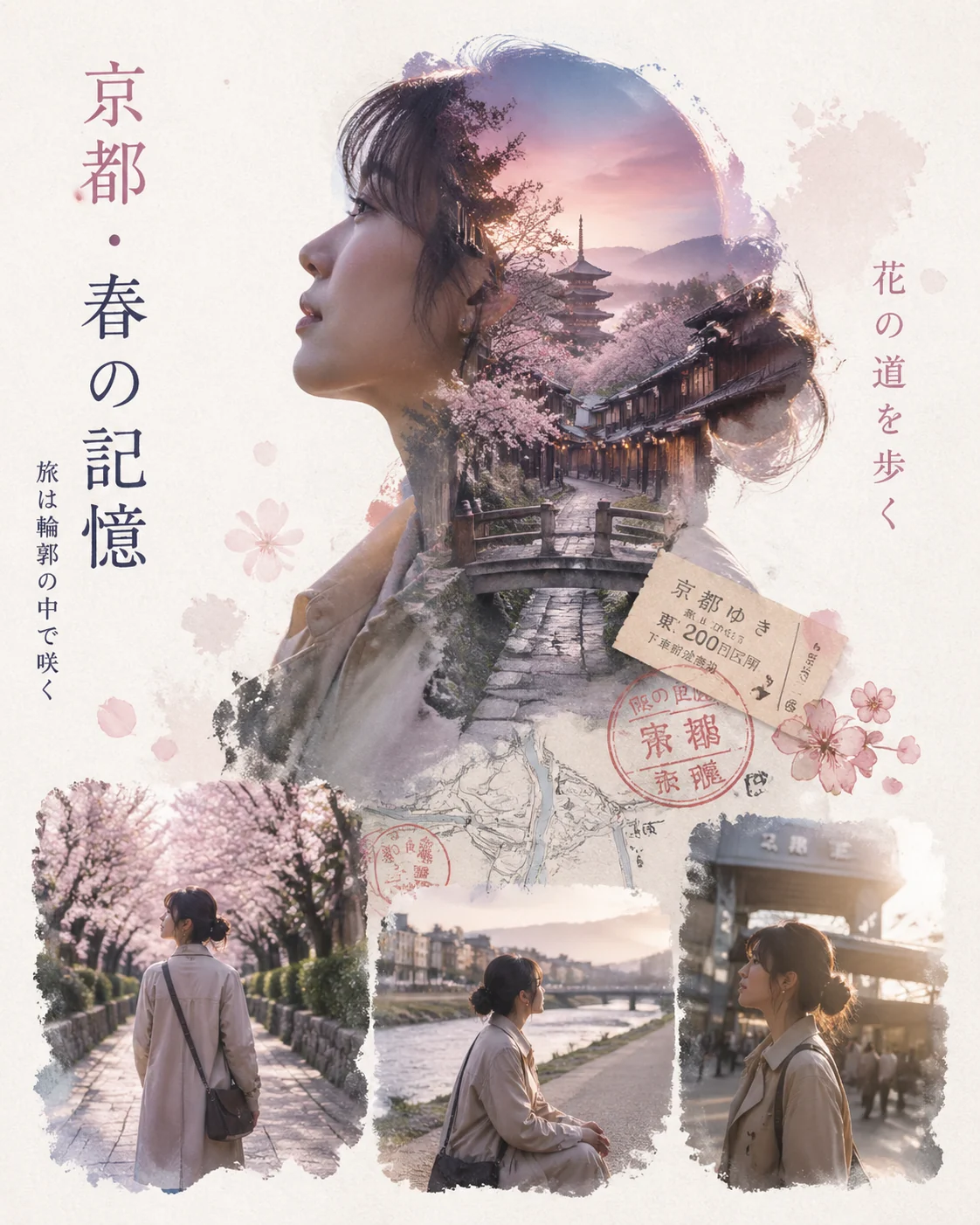 京都春旅シルエット写真コラージュポスター例