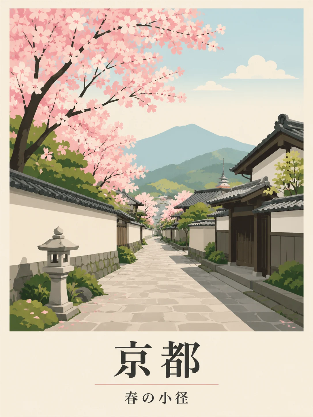 Flaches Vektor-Reiseposter zum Frühling in Kyoto als Beispiel