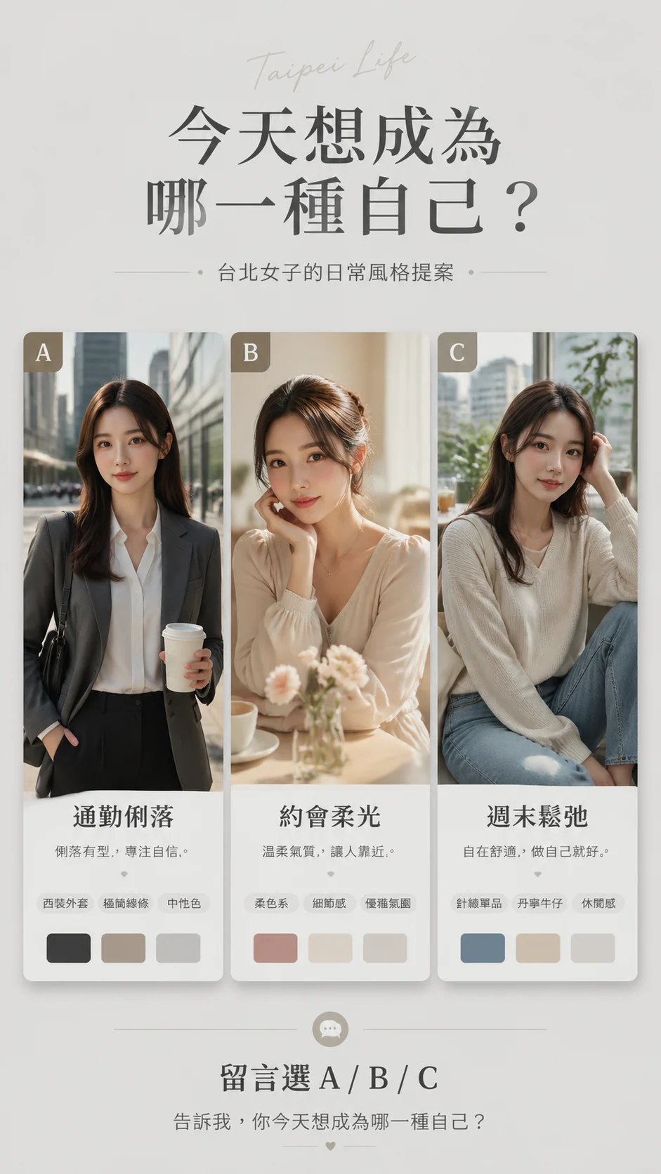 繁體中文三種生活狀態穿搭海報示例