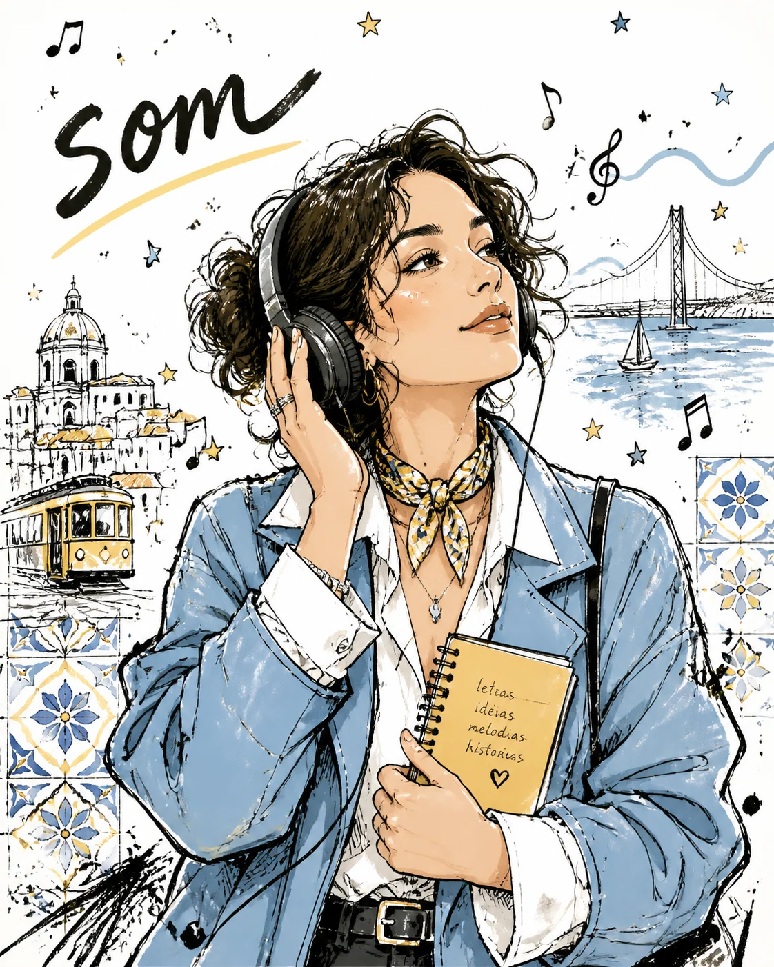 Retrato doodle de persona musical em portugues