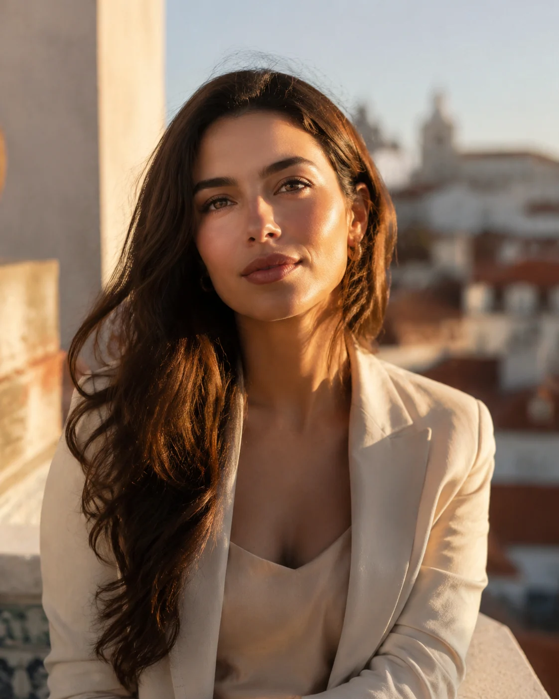 Retrato em terraço de Lisboa com luz dourada