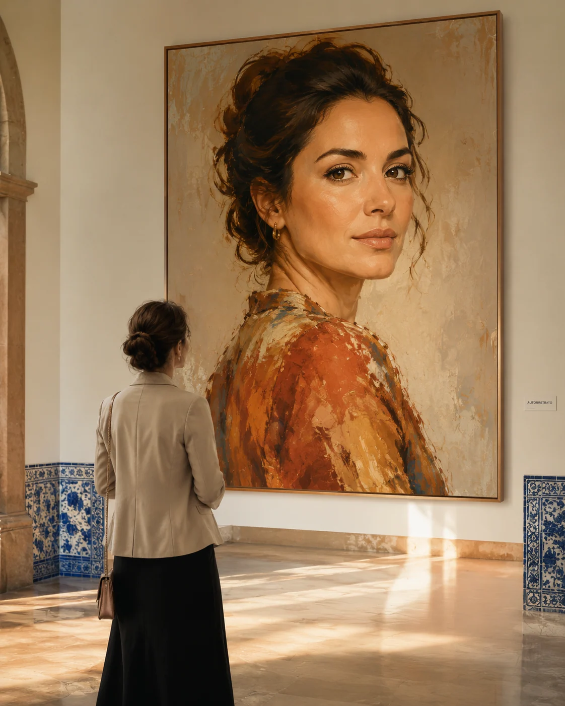 Exemplo de autorretrato em galeria de Lisboa com detalhes de azulejo azul e branco