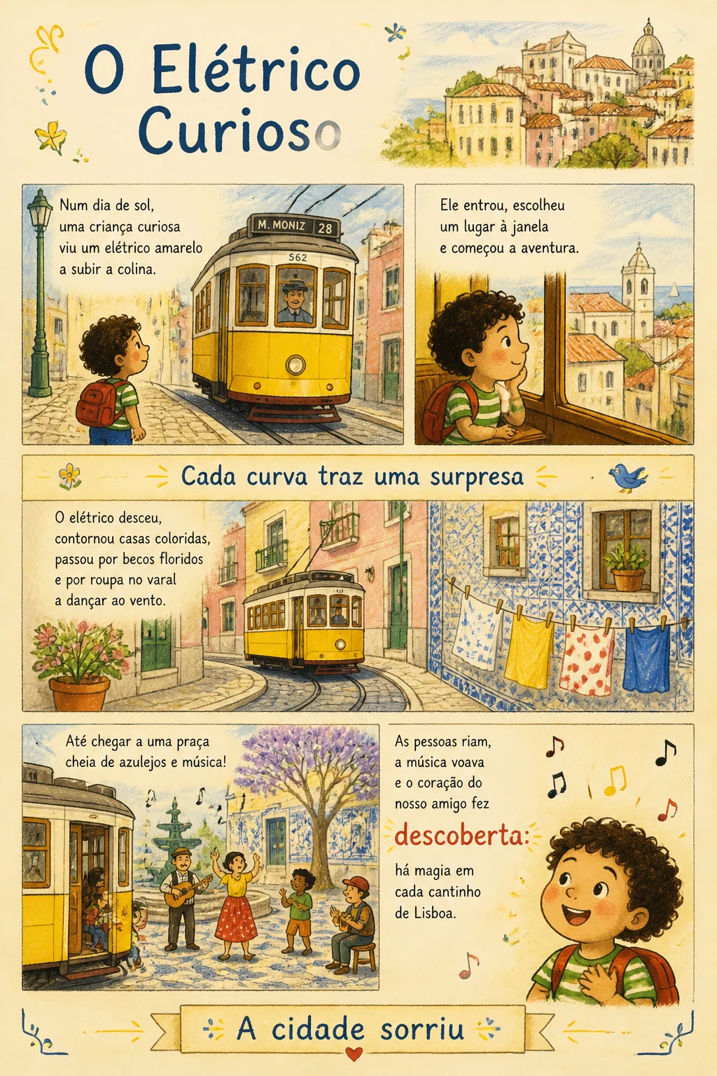 Página ilustrada em português sobre uma aventura de elétrico em Lisboa