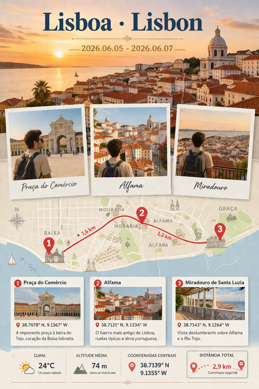 Pôster de memória de viagem em Lisboa com mapa de rota