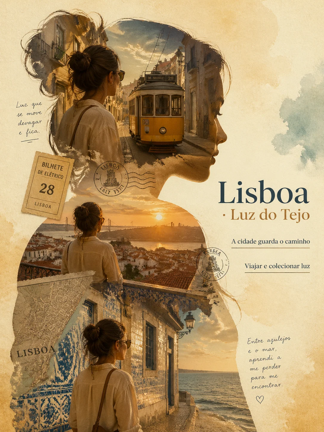 Pôster portugues de viagem com silhueta e colagem de Lisboa