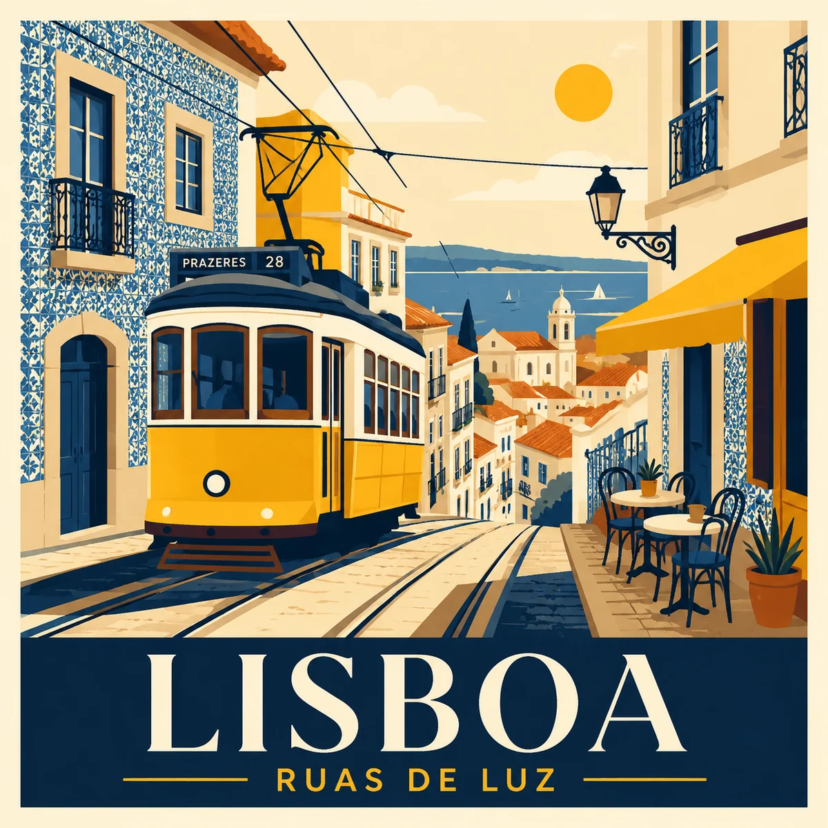 Flaches Vektor-Reiseposter mit gelber Tram in Lissabon als Beispiel