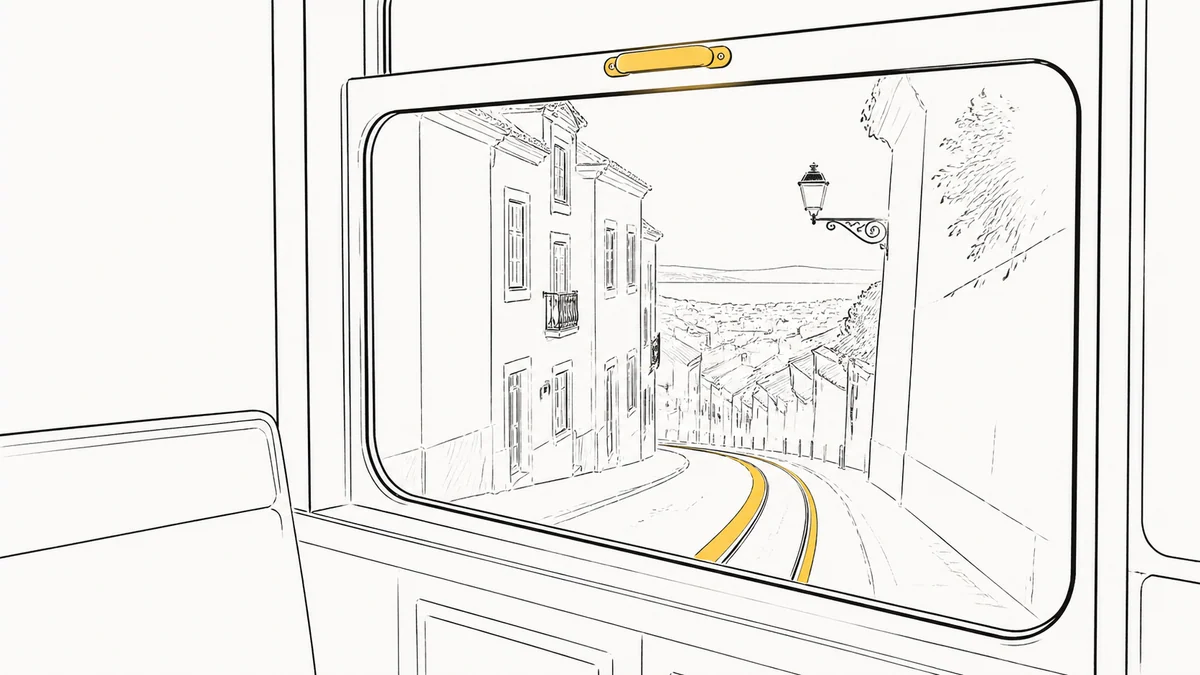 Minimal tram window illustration with yellow accent