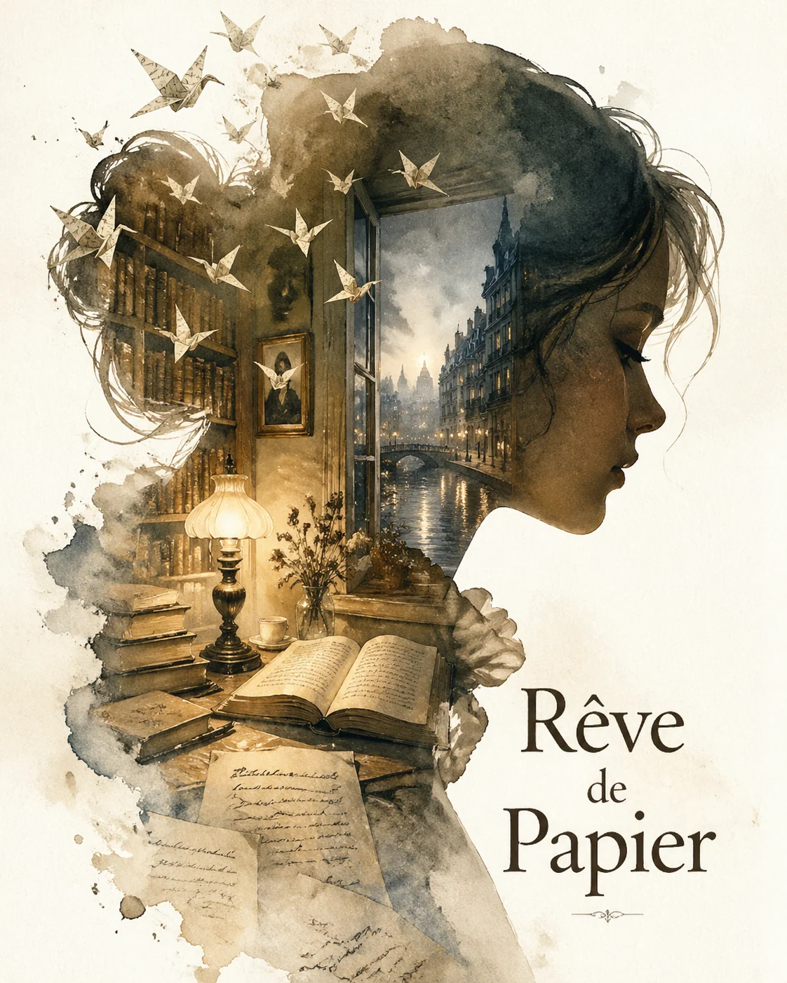 Affiche française avec silhouette et monde littéraire intérieur