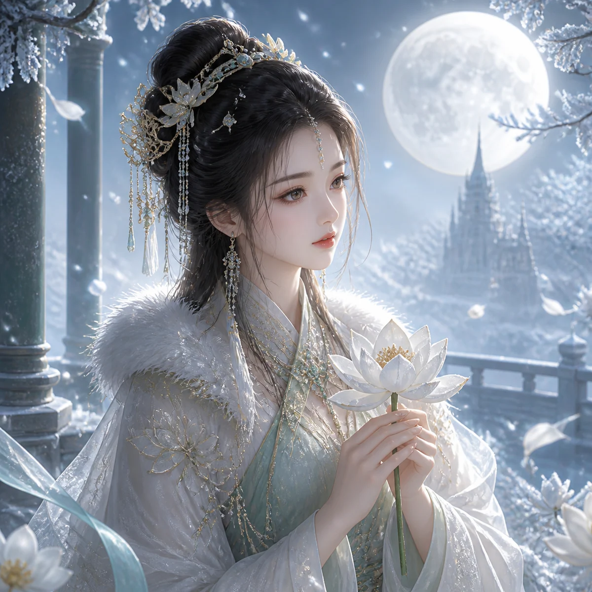 Retrato espanol de belleza xianxia con loto y luna