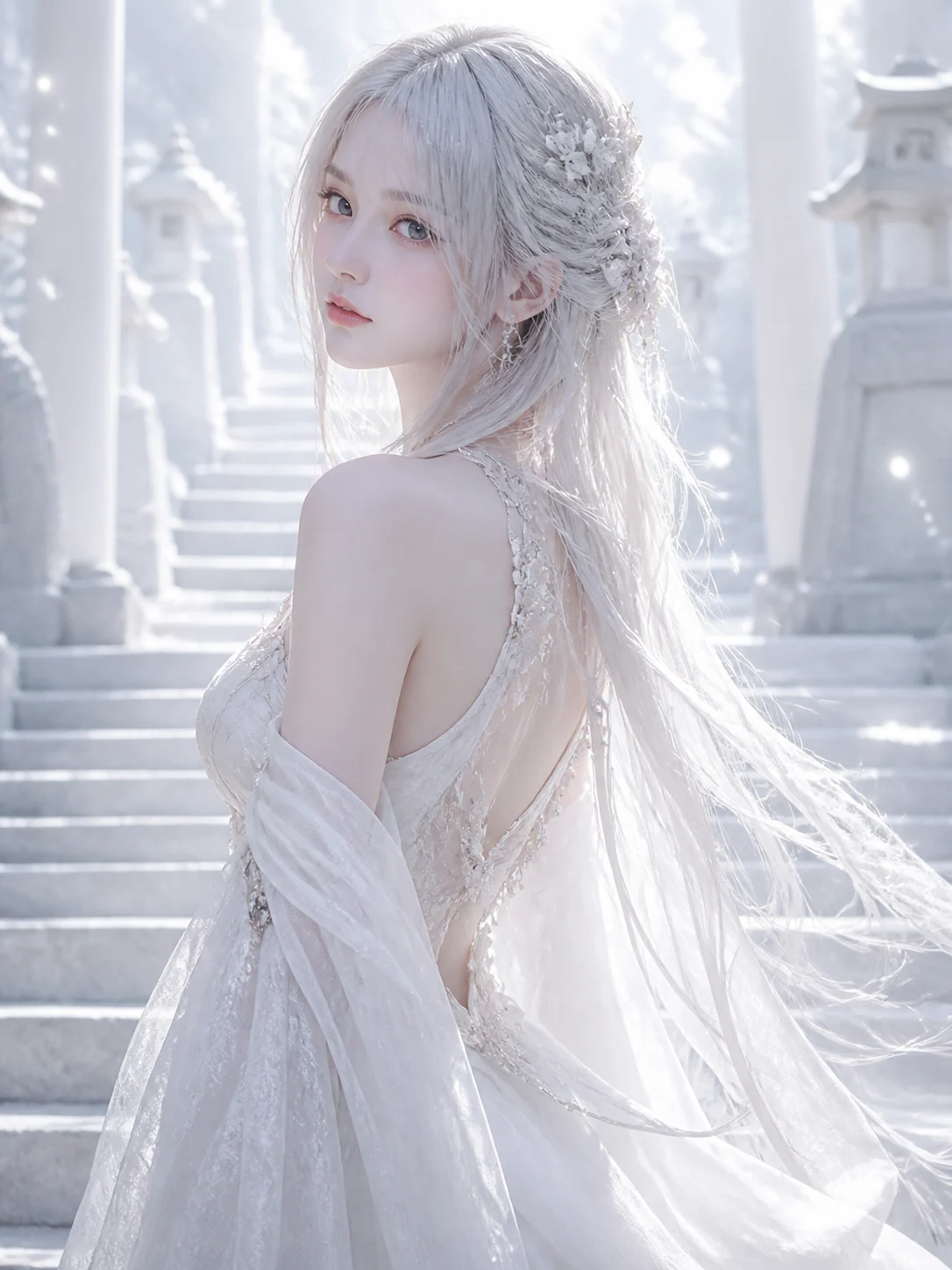 Luminous white dress fantasy muse portrait sample