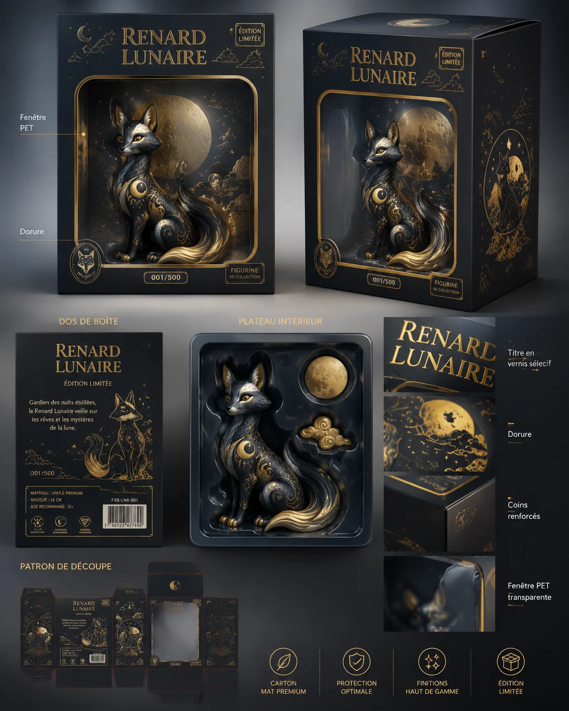 Beispiel fuer Sammelfiguren-Verpackung: Packaging premium Renard Lunaire avec dorure et fenetre transparente