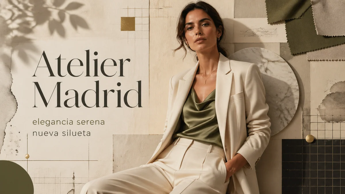 Spanish horizontal atelier fashion campaign with collage texture and serif headline